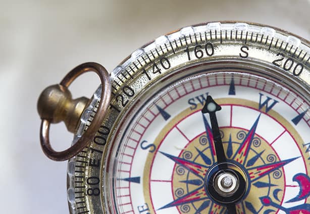 Close up shot of a compass use in navigation and metaphor for success.