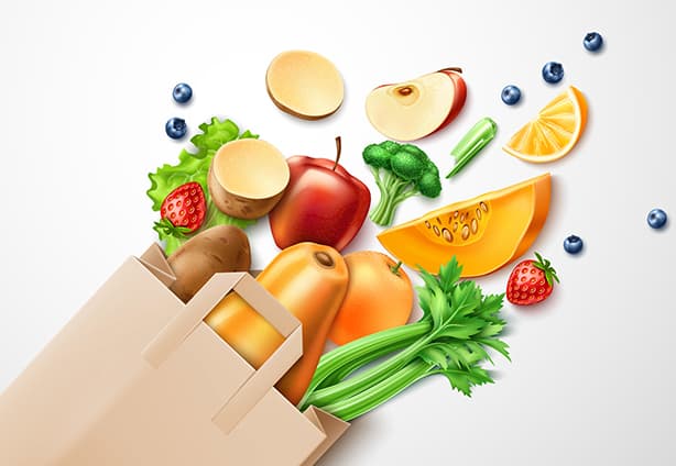Healthy food from organic shop, farm market concept. Realistic vegetables, vector fruits from paper shopping bag. Broccoli, pumpkin, apple slice strawberry and blueberry, celery and salad orange slice